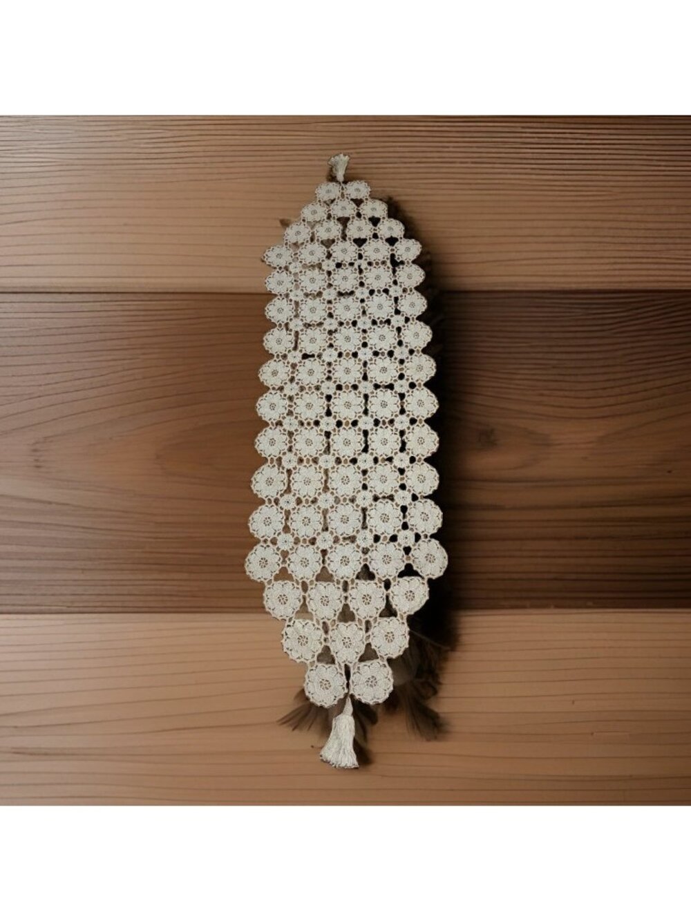 Vintage Crochet Lace Table Runner 15x58” Ecru Cotton Tassels Granny Cottagecore